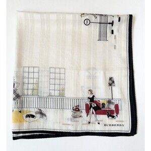 Burberry Scarf White w/ Cute Dauschund Dog & Girl Nova Check Plaid British
